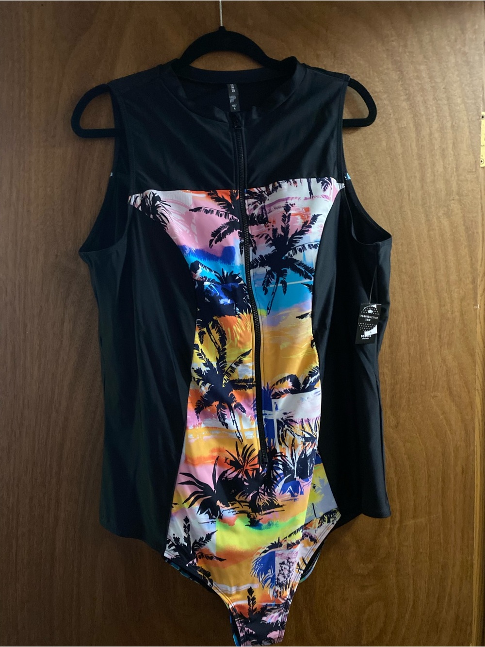 Torrid Active Black One-Piece Swimsuit with Colorful Tropical Panel